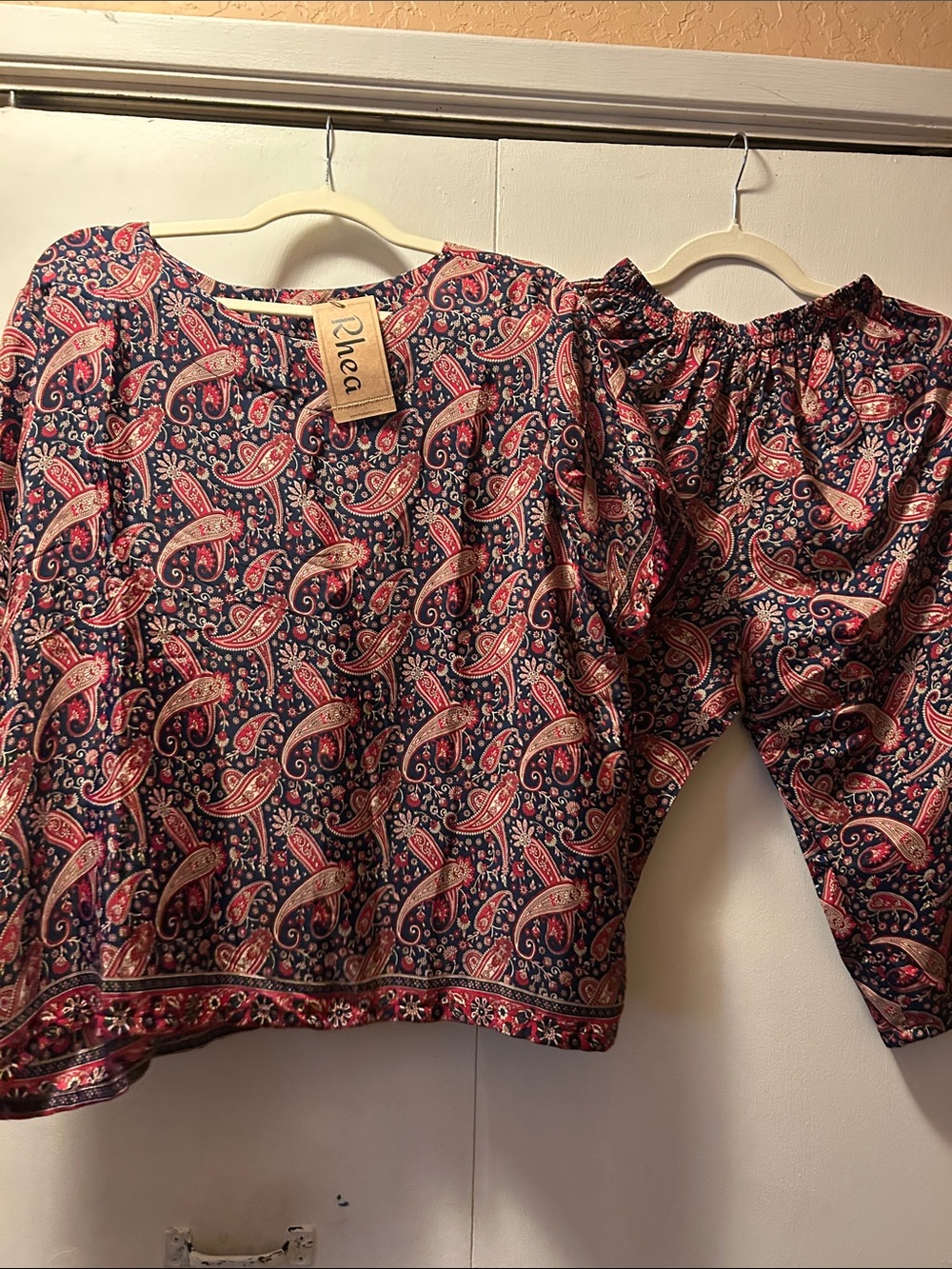 Rhea Costa Navy Paisley Top & Elastic Waist Pants with Red and Cream Accents